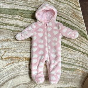 Rothschild Faux Fur Pink with White Hearts Hooded Pram Soft One Piece 6/9 Months